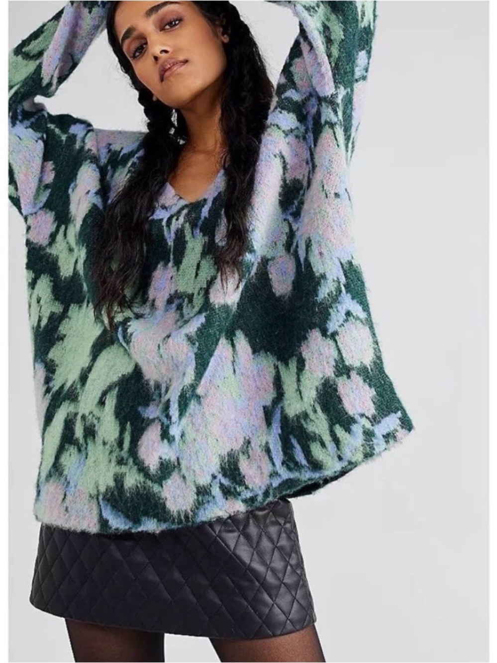 Free People Primrose Floral Tunic Sweater Oversized V-Neck Fuzzy Boho Women’s L - Picture 3 of 10